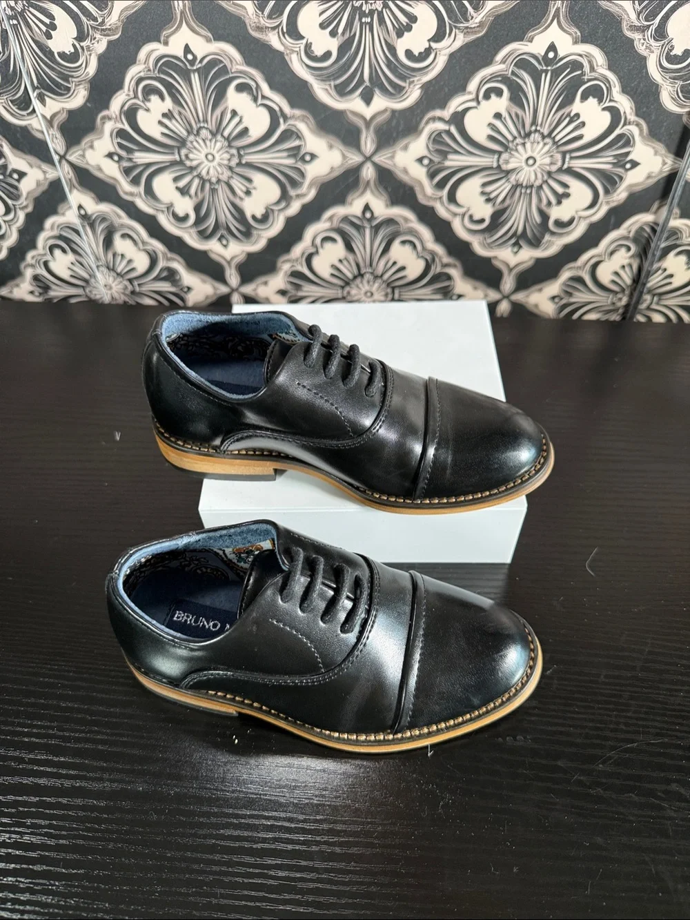 Bruno Marc Boy’s Black Leather Cap-Toe Derby with Tan Welt